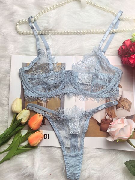 Sexy Lace Trim Bodysuit - Slim-Fit Cross-Border Party Crop Top & Bra Set - light blue