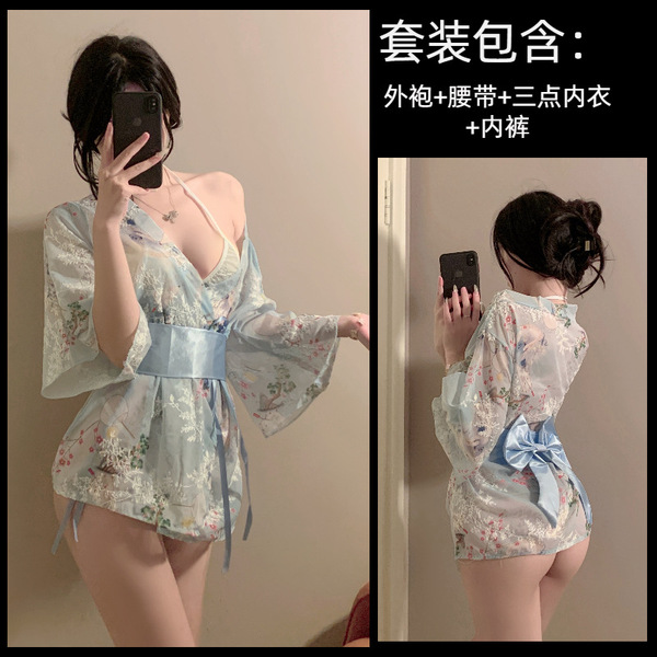 Japanese Kimono-Style Embroidered Lace Sleepwear Set - Sheer Sexy 3-Piece Lingerie Outfit - light blue