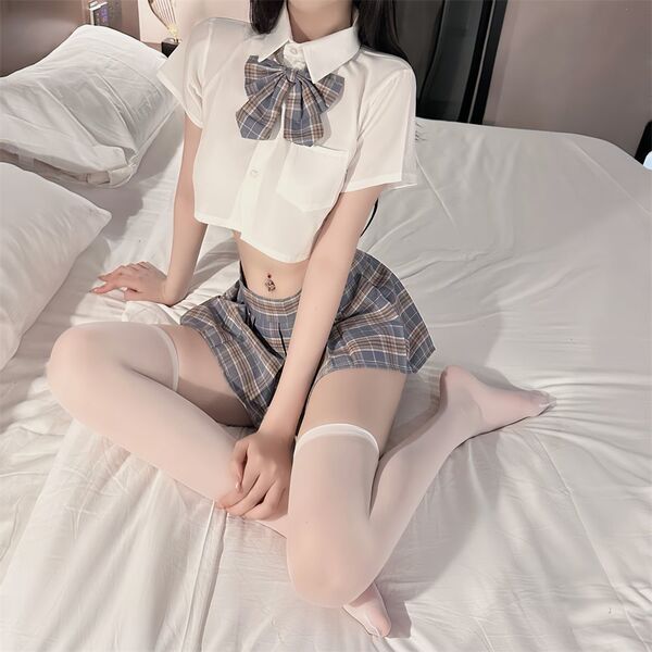 Plus Size 200 lb Sexy JK Uniform Set – Seductive Pleated Mini Skirt Role Play Outfit for Women - Light blue and orange plaid