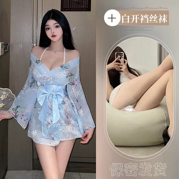 Japanese-Style Sexy Lace Kimono Robe Set - Sheer Chiffon 3-Piece Outfit with Floral Embroidery for Women - Light blue suit + white open-crotch socks