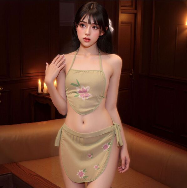 Misty Night Chinese-Style Seductive Hanfu Lingerie Set – Sexy Embroidered Doudou Bedroom Outfit - Light green (bellyband + thong + skirt) + white fishnet stockings