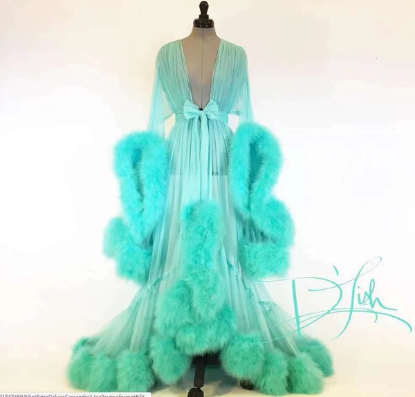 Sexy Feather Sheer Nightgown -European and American Style Long Sleeve Lace Trim Sleep Dress with Flared Sleeves & Train - Light green
