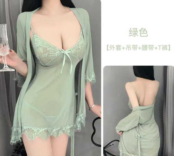 Sensual Sheer Lace Sleepwear Set - Sexy 3-Piece Bedroom Lingerie Outfit for Women, Modest Yet Alluring - Light green