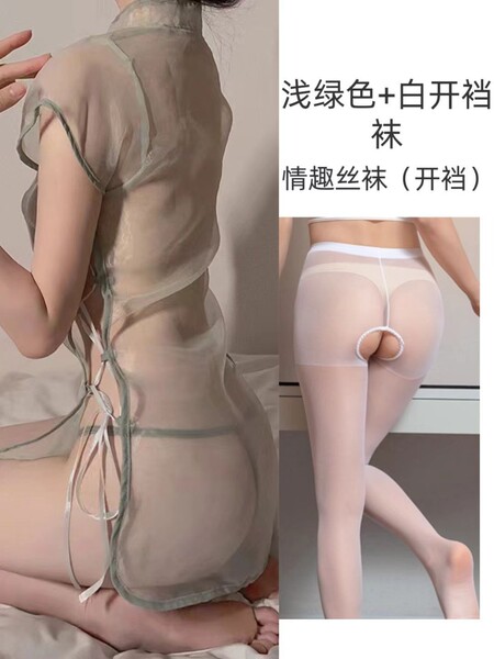 Transparent Lace Cheongsam Sleepwear Set - Seductive Sheer Nightwear with Open-Crotch Design for Midnight Allure - Light green suit + white open-crotch socks