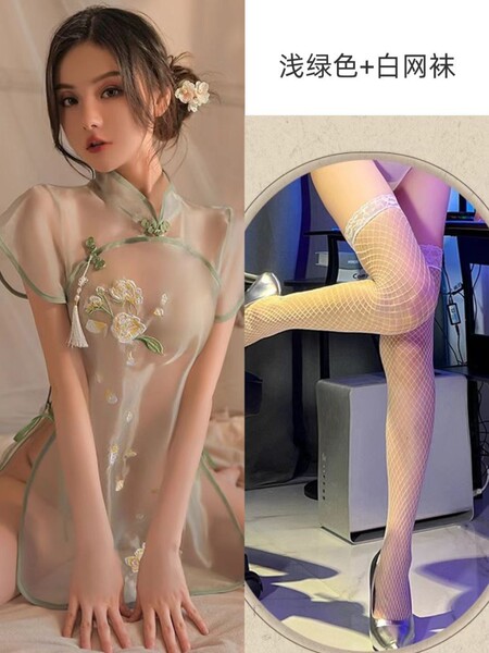 Transparent Lace Cheongsam Sleepwear Set - Seductive Sheer Nightwear with Open-Crotch Design for Midnight Allure - Light green suit + white fishnet stockings