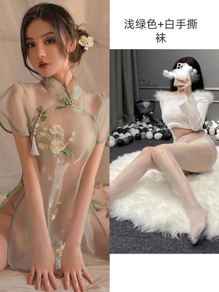 Transparent Lace Cheongsam Sleepwear Set - Seductive Sheer Nightwear with Open-Crotch Design for Midnight Allure - Light green suit + white ripped stockings