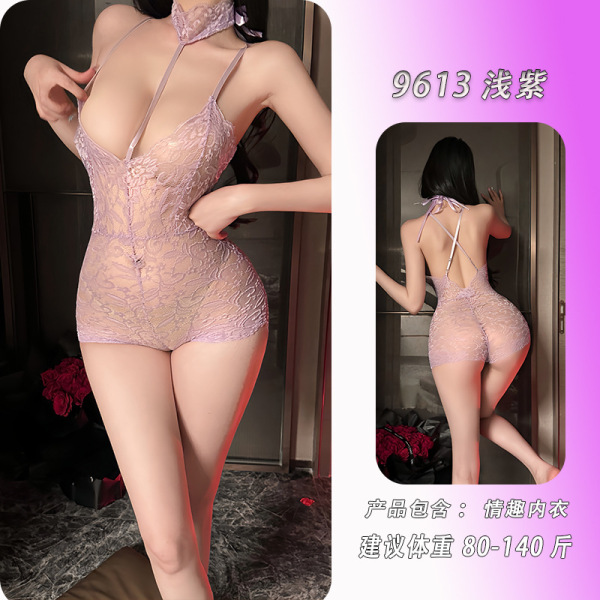 Yese Yese Sexy Lace Bodysuit - Sheer Cross-Strap Halter Nightwear for Women, Pure & Alluring Lingerie Set - Light purple