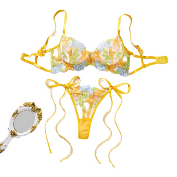 Lightweight lace embroidered lingerie set with floral design, adjustable side-tie thong and bra in yellow.