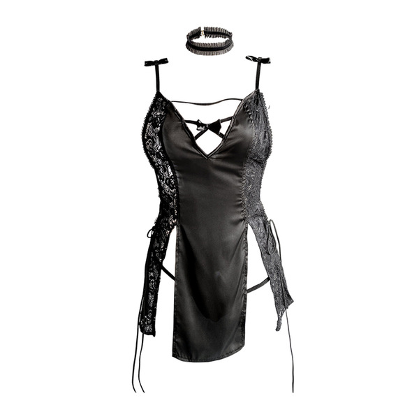 Lily sexy lace high-waist slit cheongsam-style no-remove tight passion lingerie set featuring black satin with lace detailing...