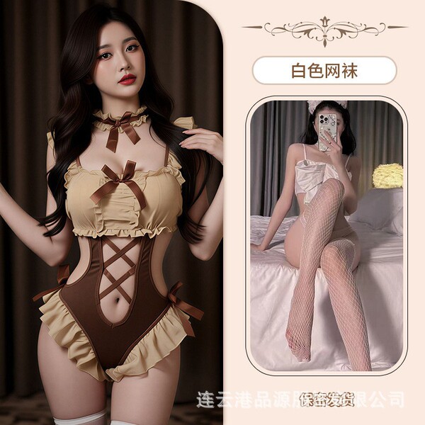 Pure & Tempting Vintage Lace Bodysuit with Bow Tie & Ruffled Backless Design - graceful swallowtail butterfly + white fishnet stockings