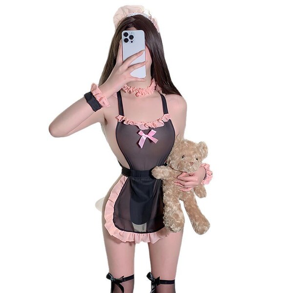Sexy sheer lingerie maid costume with pink bows and ruffles, perfect for cosplay or seductive sleepwear outfits.