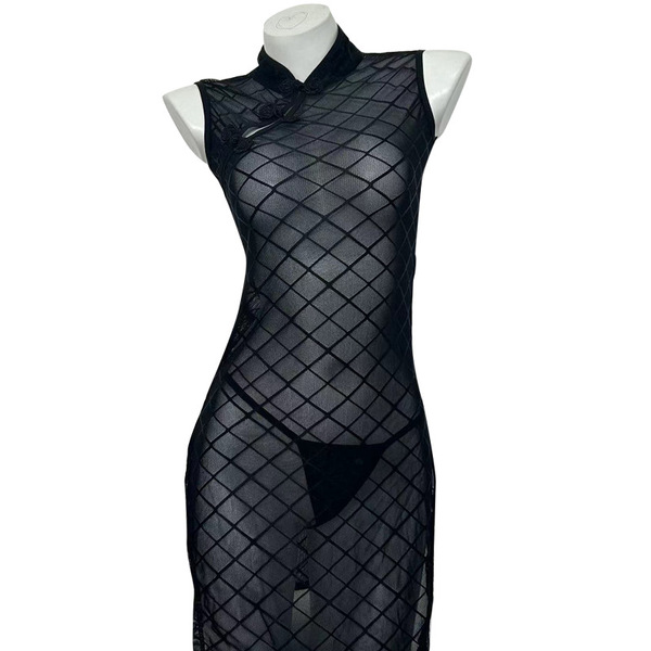 Linglinting sexy qipao lingerie set - high-slit mesh sheer sleepwear for women, featuring a sheer black design with intricate...