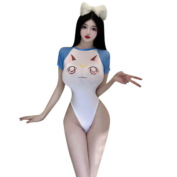 A woman poses wearing a blue and white bodysuit featuring a cat face design, complete with cat ears. the style is playful and...