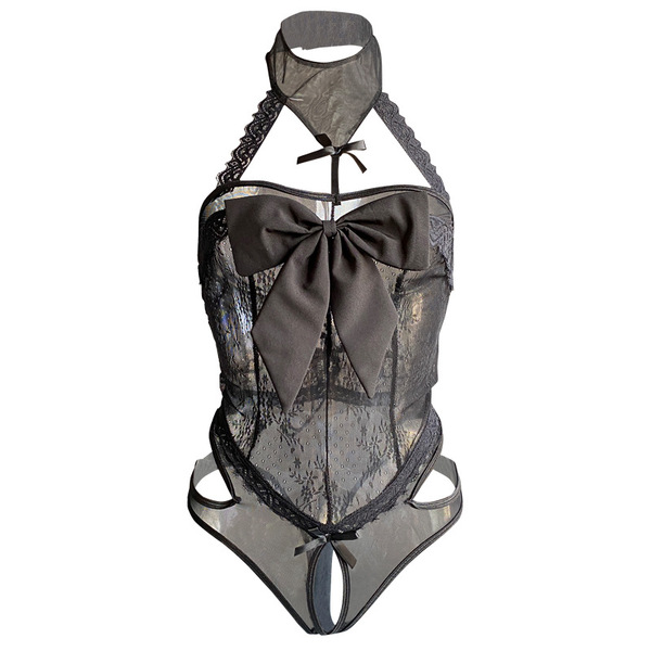 Sexy lace bodysuit featuring sheer fabric, open-crotch design, and a large bow detail. perfect for women seeking elegant ling...
