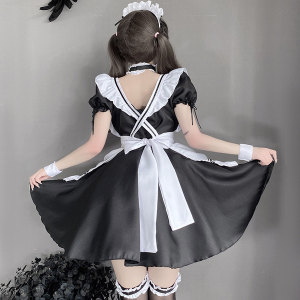 Sexy lace japanese maid costume with cute apron, sheer cutouts and ties, perfect for cosplay or themed events.