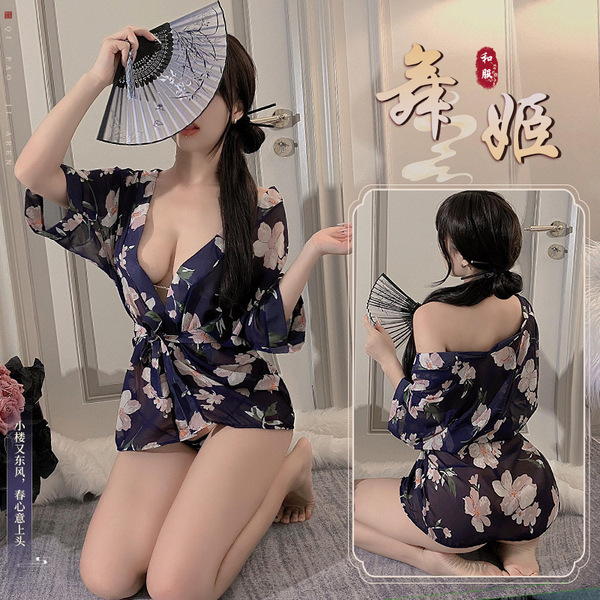 Sexy floral design japanese kimono sleepwear set for women, featuring a deep v-neckline and flowing fabric, perfect for plus-...