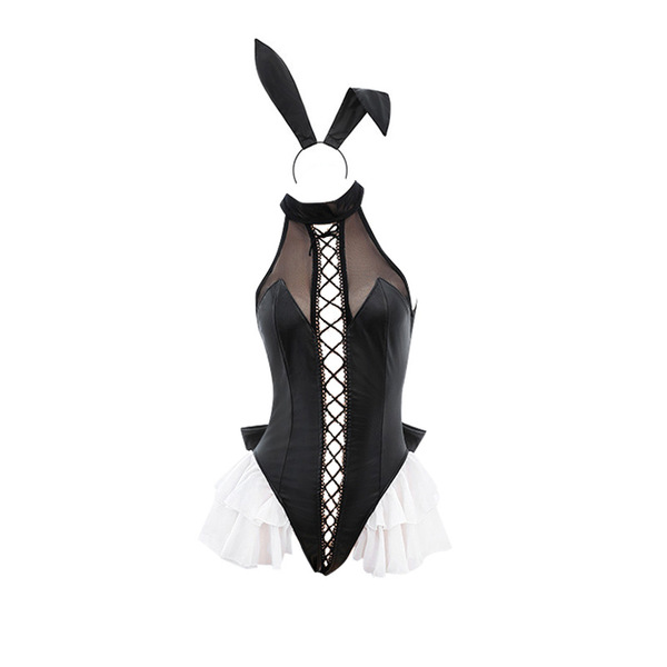 Sexy open-crotch bodysuit with rabbit ears and lace detailing, perfect for seductive bunny costumes.