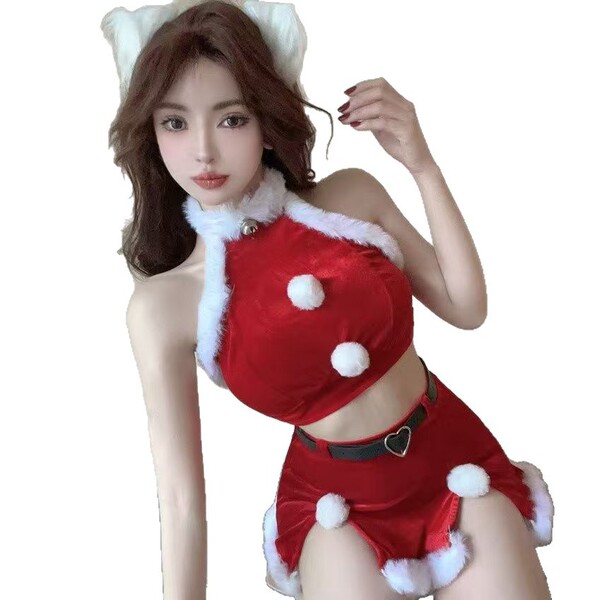 Sexy red velvet mini skirt with lace trim and adjustable straps, perfect for festive new year outfits.