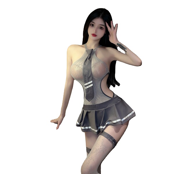 Sexy lingerie set featuring a mesh top with tie detail and a stylish jk skirt, perfect for both students and adults.