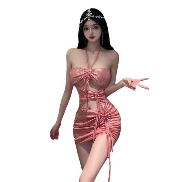 Woman wearing shiny pink liruru pvc lace halter bodycon mini dress with cut-out details and drawstring sides.