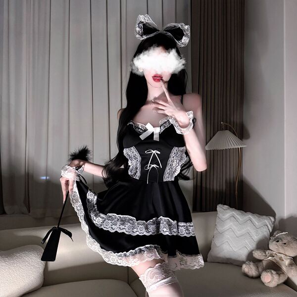Sexy black lace lolita maid costume set featuring a babydoll dress with detachable apron, headband, and fingerless gloves.