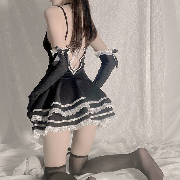 Sexy lolita maid costume featuring lace-trimmed strap nightdress with matching gloves and stockings, perfect for sleepwear se...