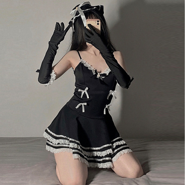 Sexy lolita maid costume featuring lace-trimmed strap nightdress with matching accessories, perfect for sleepwear sets.