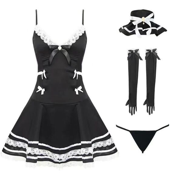 Sexy lolita maid costume sleepwear set featuring lace-trimmed strap nightdress, matching gloves, hat, and bikini bottom.