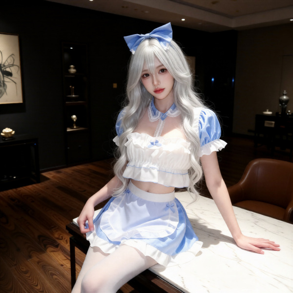 Woman in blue and white lolita maid costume with bow headpiece, ruffled top, skirt, and stockings — sexy role play lingerie s...