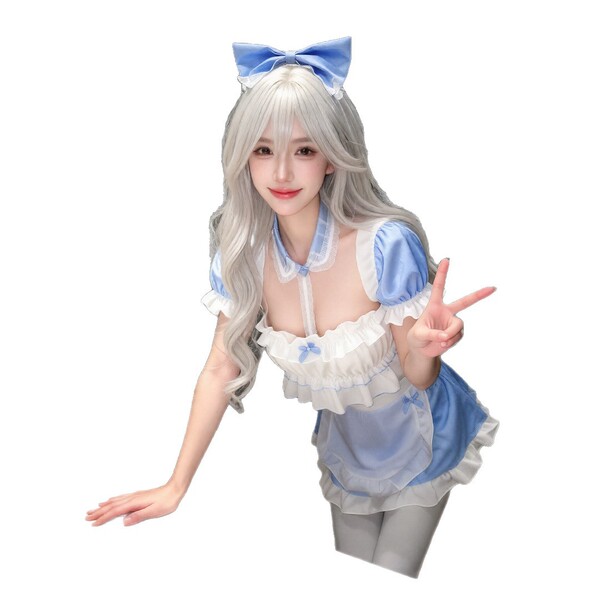 Woman in blue and white lolita maid costume with bow headpiece, posing playfully – sexy role play lingerie & sleepwear outfit...