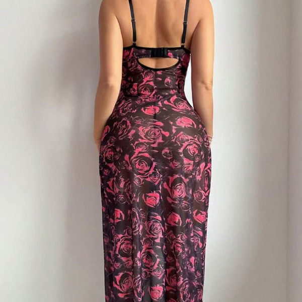 Sexy black dress with vibrant pink rose pattern, featuring sheer fabric and high slit design, perfect for lounging or sleepwe...