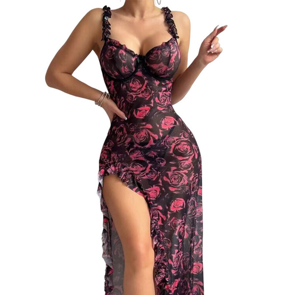 Sexy black dress with red rose pattern, featuring sheer fabric, lace trim, underwire bra, and high slit for elegant loungewea...