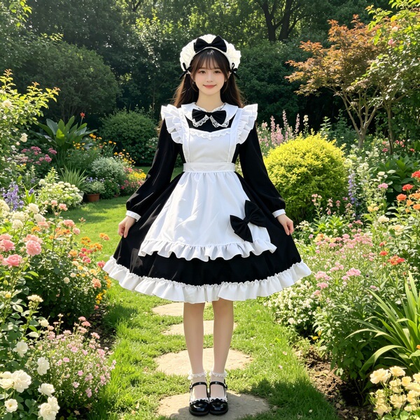 Adult Women's Cosplay Maid Dress - Cute Student Party Costume & Lolita Style Performance Dress - Black long-sleeved Lolita dress with bow + apron + headband included