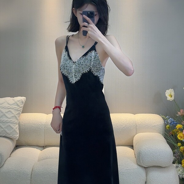 Lace Gold Velvet Embroidered Long Sleep Dress with Backless Design & Tie Belt Robe Set for Women - Black long slip dress + outer robe
