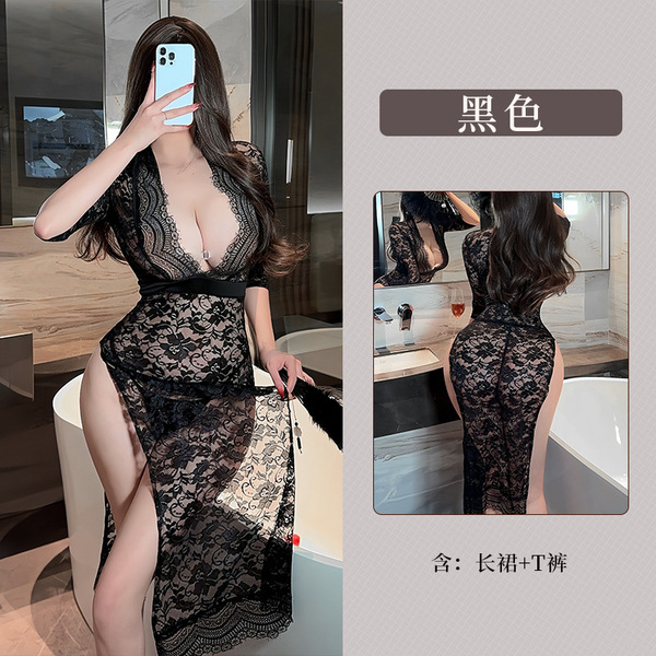 Fan Lei Women's Lace Sexy Sheer Long Dress - Provocative Side-Slit Bodycon Lingerie Sleepwear Set - Black long skirt + thong + black stockings