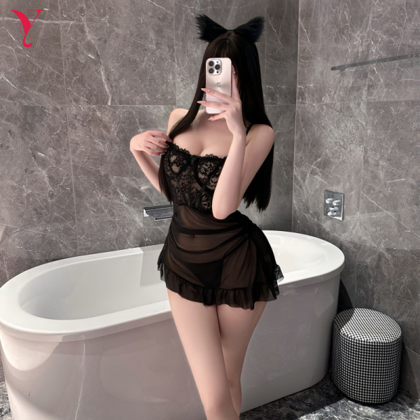 Yese Yese Sensual Lingerie Dress – Sheer Mesh Bodycon Corset Slip with Adjustable Straps & Waist-Cinching Design - Black + matching long-haired headband