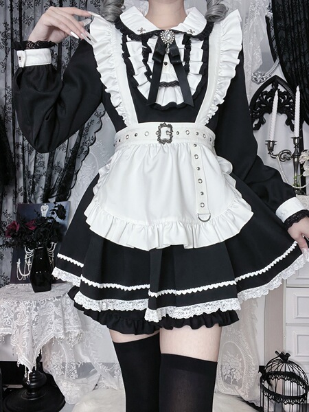Japanese Style Lolita Dress - Sweet & Edgy Black White Maid Cosplay Costume, Aesthetic Subculture Outfit - Black long-sleeved maid outfit