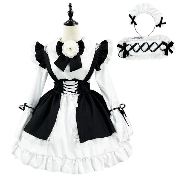 Japanese Cute Anime Maid Dress - Soft Girly Lolita Dress for Cosplay, Restaurant Uniform & Crossplay Outfit - Black long-sleeved five-piece set + floral