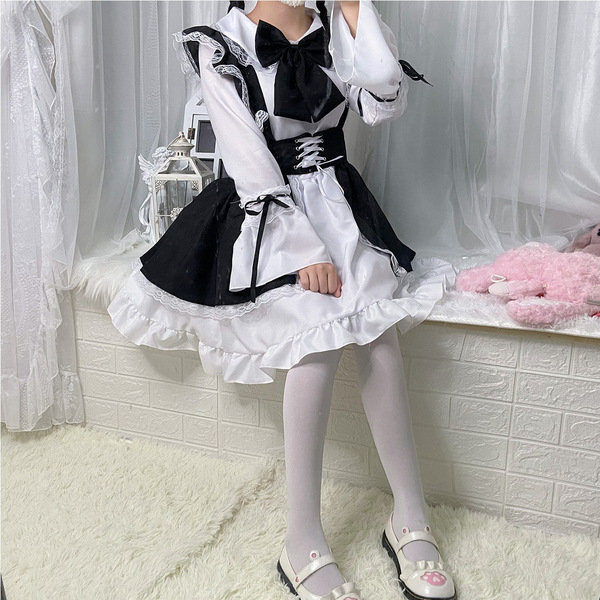 Japanese Cute Anime Maid Dress - Soft Girly Lolita Dress for Cosplay, Restaurant Uniform & Crossplay Outfit - Black long-sleeved five-piece set [skirt + apron + bow + headband + head accessory]