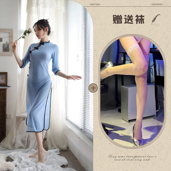 Mannyqing Seductive Sheer Cheongsam Sleep Dress - Sexy Side-Slit Lingerie Nightgown for Women - Blue maxi dress + white fishnet stockings