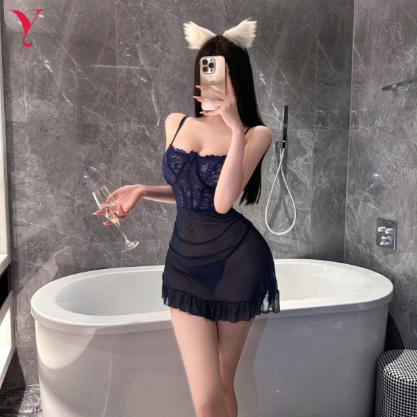 Yese Yese Sensual Lingerie Dress – Sheer Mesh Bodycon Corset Slip with Adjustable Straps & Waist-Cinching Design - Blue + matching long-haired headband
