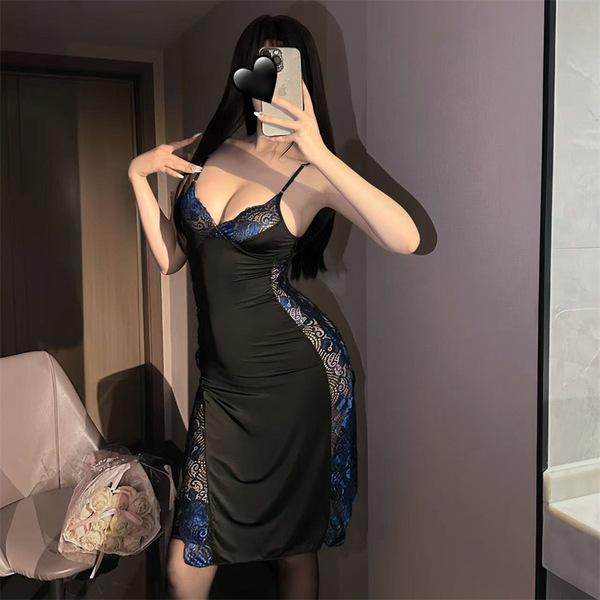 Sensual Lace Cami Dress Set - Busty Pure & Tempting Sleepwear Outfit, No-Remove Uniform Style - Blue maxi dress + T-shirt