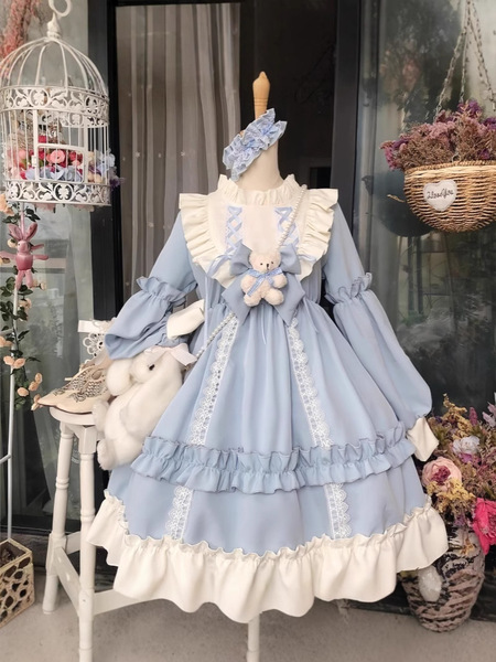 2026 Cute Sweet Lolita Dress for Women – Elegant Long Sleeve Party & Performance Dress - Blue long-sleeved Lolita dress + free teddy bear bow