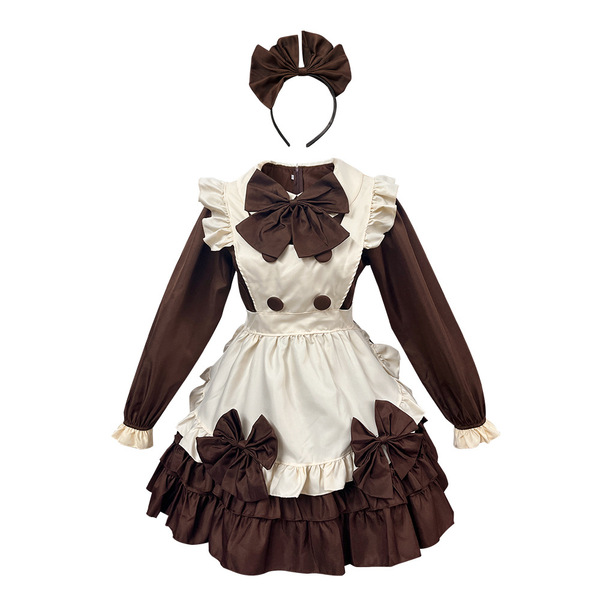 Maid Café Lolita Dress - Sweet French-Inspired Cute Maid Outfit with Puff Sleeves & Apron - Brown long-sleeved top [skirt + apron + bow + headpiece]