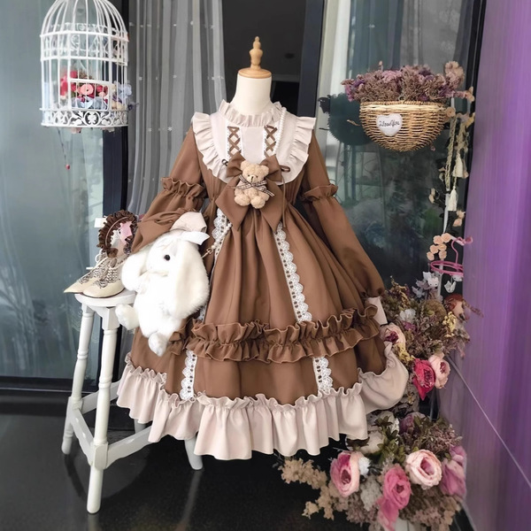 Japanese Maid Costume Dress - Long Sleeve Cute Lolita Student Outfit, Sexy-Cute Cosplay Dress for Women - Coffee-colored long-sleeved Lolita dress + free teddy bear bow