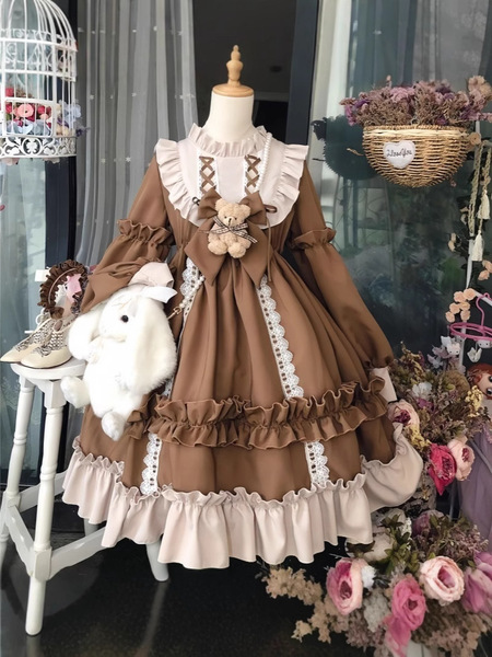2026 Cute Sweet Lolita Dress for Women – Elegant Long Sleeve Party & Performance Dress - Coffee-colored long-sleeved Lolita dress + free teddy bear bow