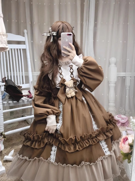 2026 Cute Sweet Lolita Dress for Women – Elegant Long Sleeve Party & Performance Dress - Coffee-colored long-sleeved Lolita dress (single skirt)