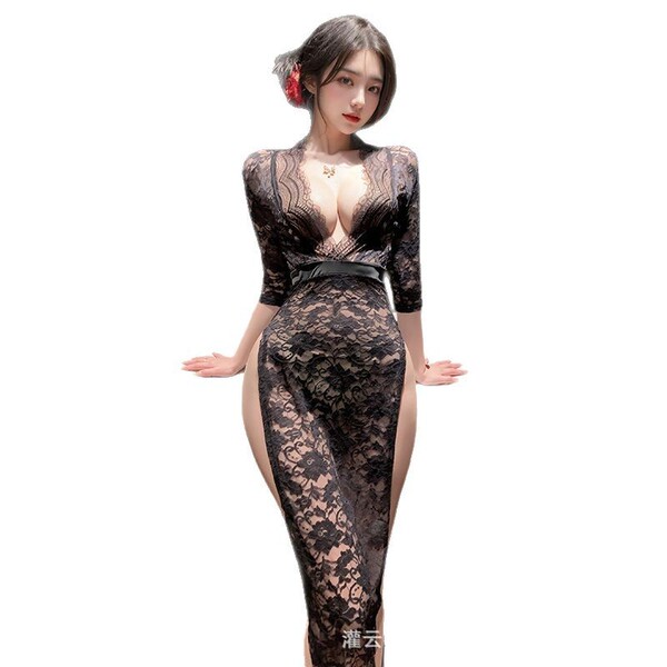 Sexy deep v lace sheer long dress with high slit, bodycon design, perfect for seductive allure.