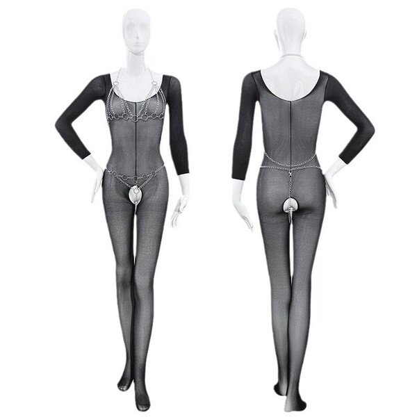 Domiela sheer bodystocking with deep v-neck, long sleeves, and open-crotch design for sensual allure.