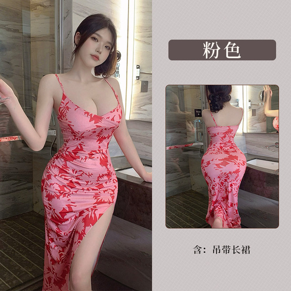 Fan Lei Sexy Lace Sleepwear Set – Seductive Split-Qipao Nightgown with Floral Print & Adjustable Straps - Image color: [long skirt + thong]